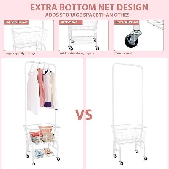 Laundry Cart with Wheels and Hanging Rack, Rolling Laundry Basket with Clothes Rack Laundry Butler with Wire Storage Rack Coat R