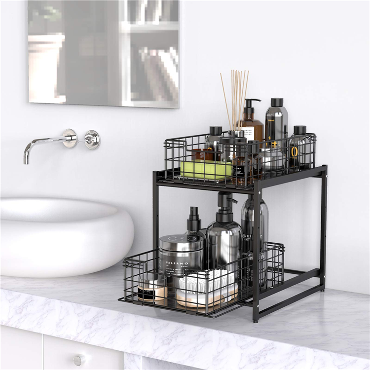 Under Sink Cabinet Organizer 2-Tier Stackable Storage Shelf with Sliding Baskets Drawers for Kitchen