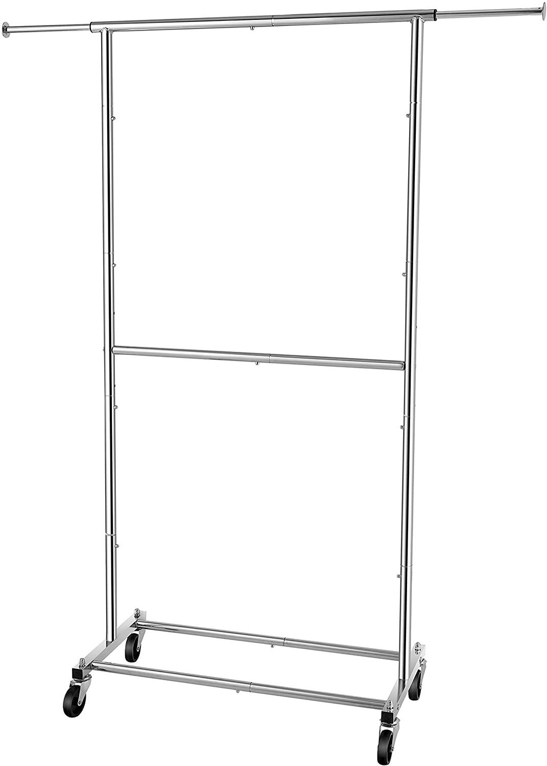 Double Rod Clothing Garment Rack, Rolling Clothes Organizer on Wheels for Hanging Clothes, Chrome