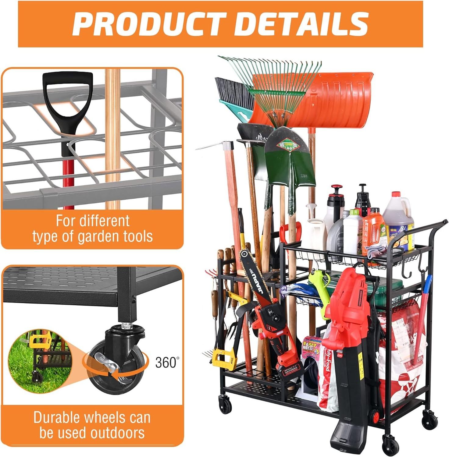 Garden Tool Organizer with Wheels, Garden Tool Rack, Yard Tool Holder for Rakes, Shovel, Fertilizer