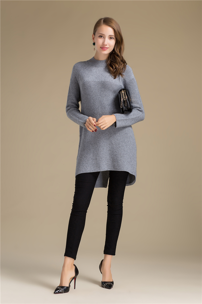 New Design Classic Gray Pure Color Merino wool Cashmere Knitting Long Sweater Women Casual Pullovers