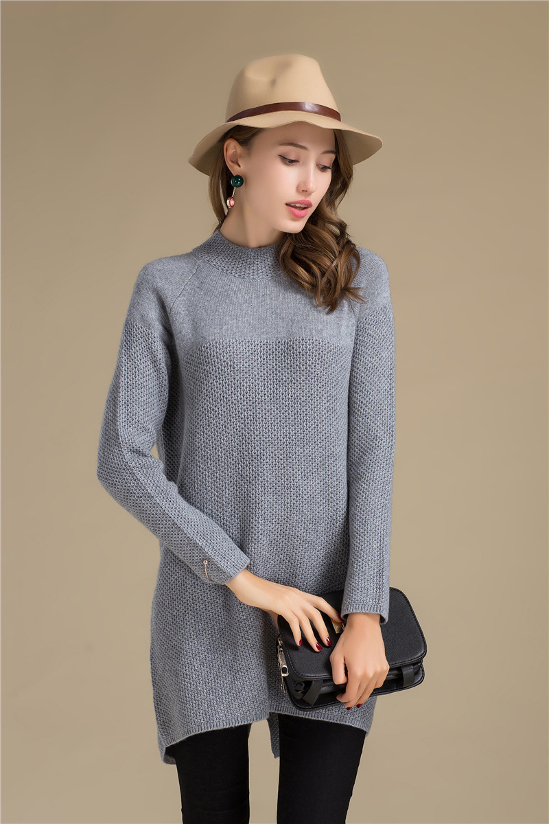 New Design Classic Gray Pure Color Merino wool Cashmere Knitting Long Sweater Women Casual Pullovers