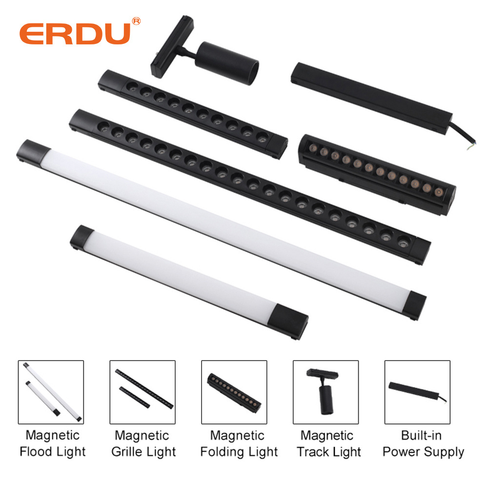 ERDU Indoor Light Adjustable Black White Lamp DC48V Magnetic Track Rail System 6W 12W COB Linear Led Shop Light for Home