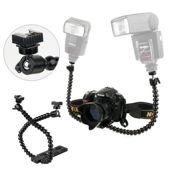 Flexible Dual Arm Camera Flash Bracket Holder Two Hot Shoe Mounts Bracket with Ball Head for Speedlite DSLR Macro Shooting