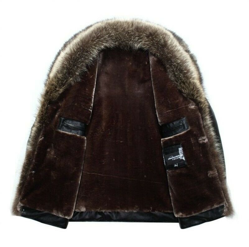 Winter Men's Fox Fur Collar Wool Lining Sheepskin Leather Overcoat Jacket Warm - Wholesale Price