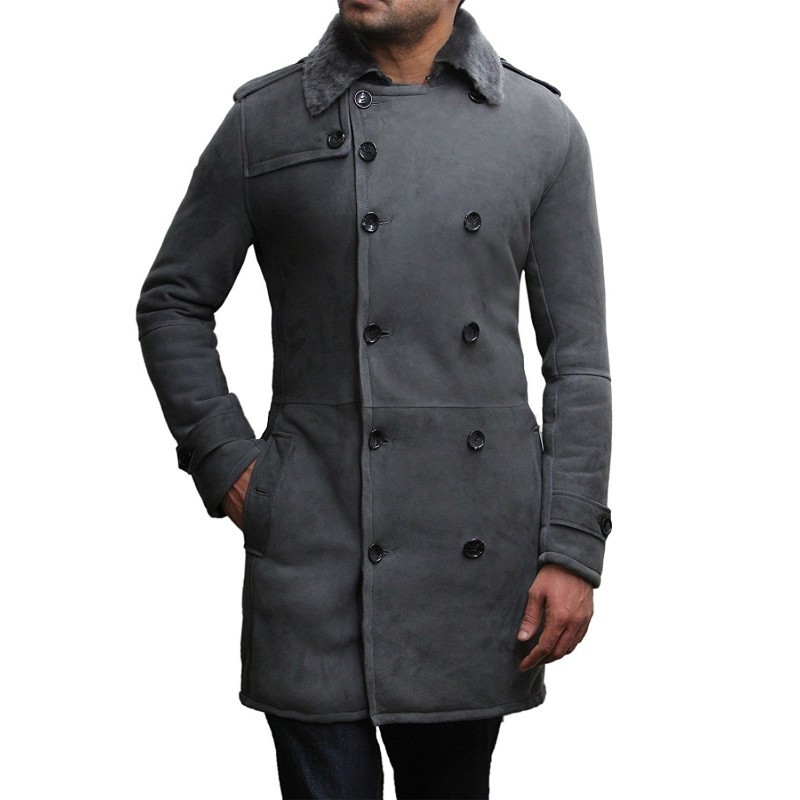 Sheepskin Belted Pea Coat Long Duffle Coat Grey Spanish Merino Fur Men's Luxury Ideal for Winter Latest Design Men German 100pcs