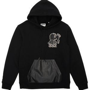 Men's Black Hoodie With leather Kangaroo pouch pocket | 100% Cotton Fleece Hoodie With High Quality Embroidery