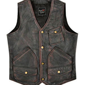 Men's Vintage Leather Vest Rock Hunter Waistcoat Waxed Real Cow Leather with Customized Size Black Red Men 100%genuine Leather