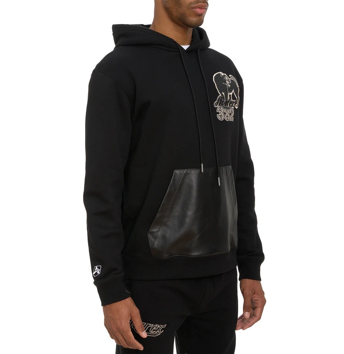 Men's Black Hoodie With leather Kangaroo pouch pocket | 100% Cotton Fleece Hoodie With High Quality Embroidery