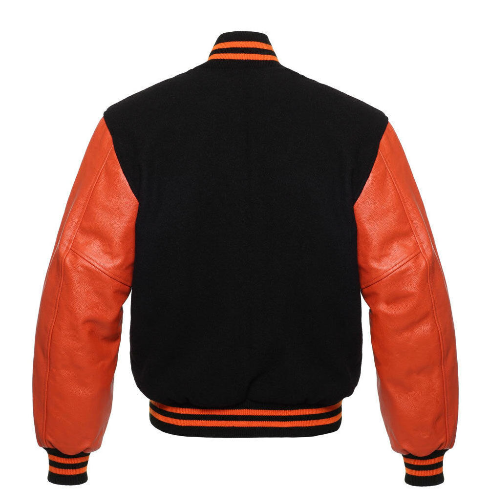 Black Wool & Orange Leather Varsity Letterman School Jacket With Customized Design