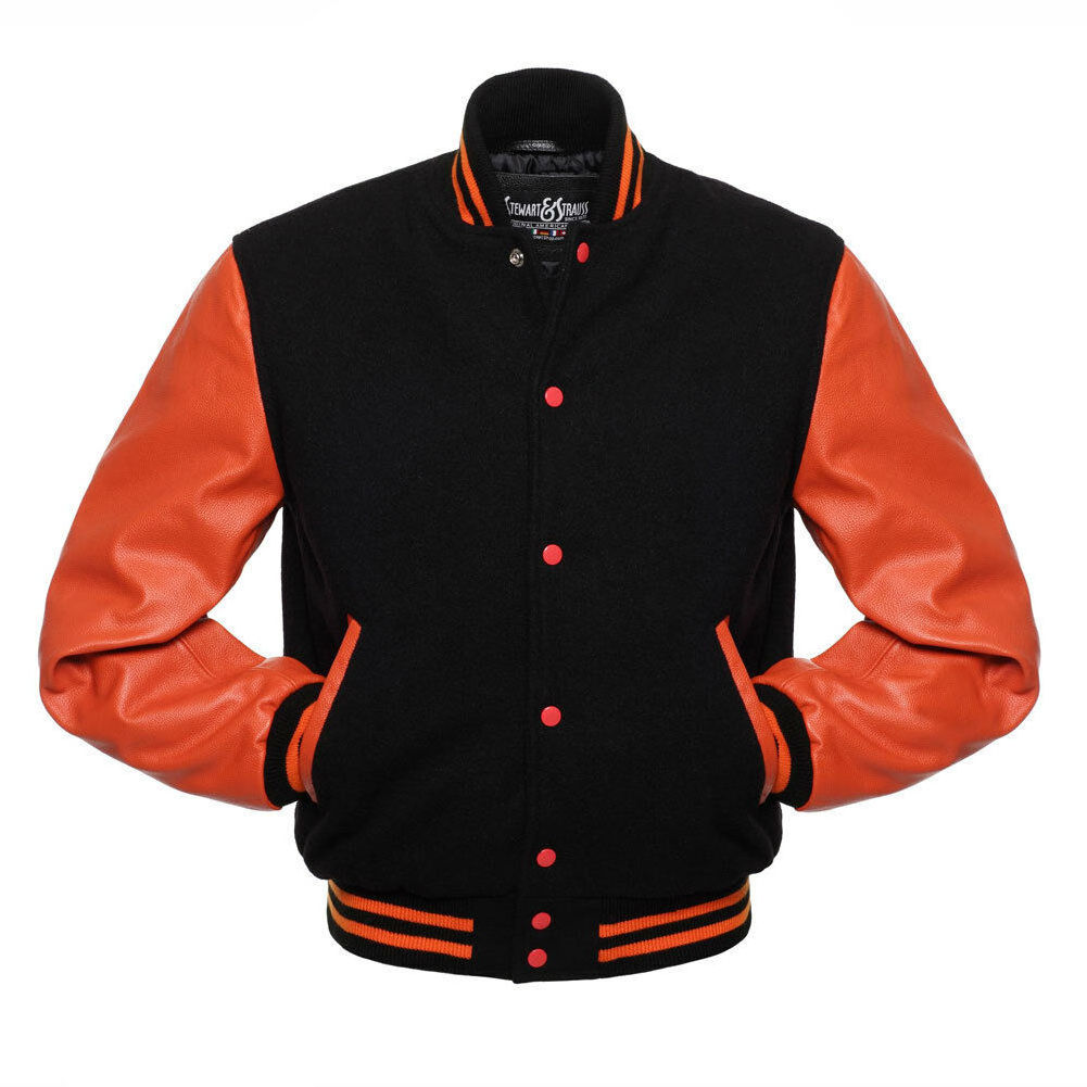 Black Wool & Orange Leather Varsity Letterman School Jacket With Customized Design