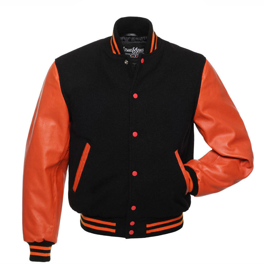 Black Wool & Orange Leather Varsity Letterman School Jacket With Customized Design