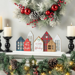 Farmhouse Table Christmas Decor, Rustic Wooden House Block Table Top Christmas Decorations, Home Merry Christmas Sign Desk Shelf