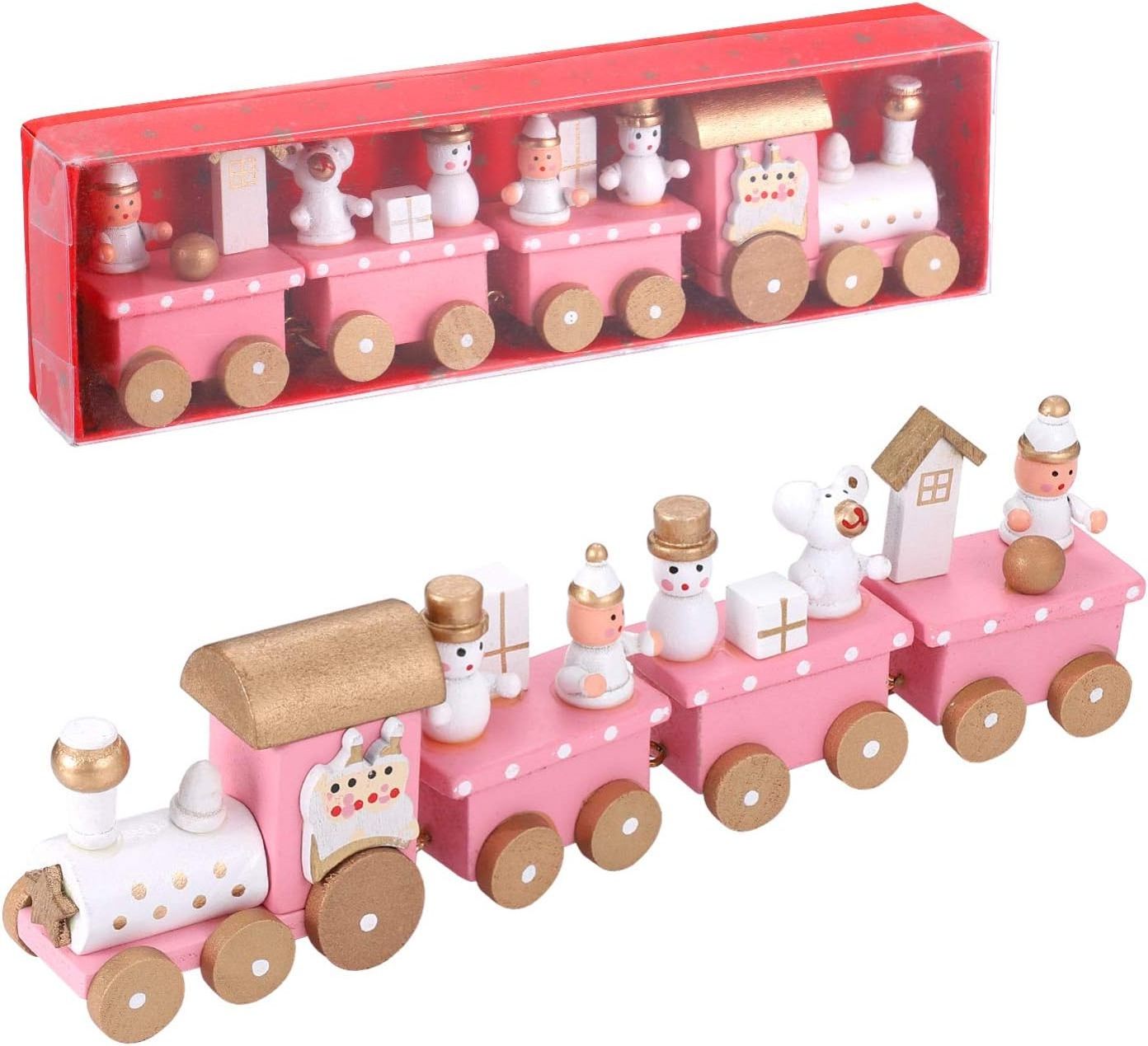 Happy Trees 4 Pcs Wooden Christmas Train with Snowman, Mini Train Decor Set for Christmas Party, Christmas Train