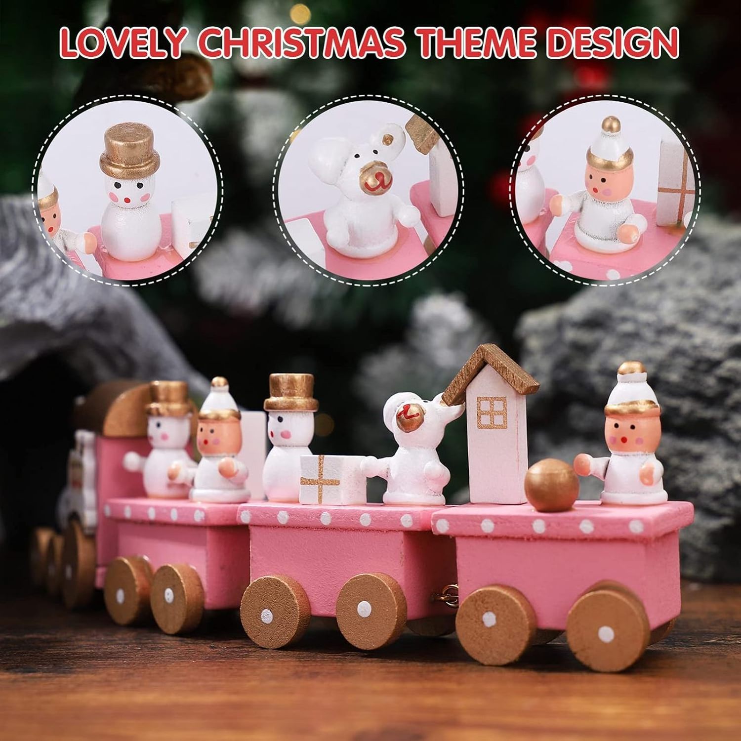 Happy Trees 4 Pcs Wooden Christmas Train with Snowman, Mini Train Decor Set for Christmas Party, Christmas Train