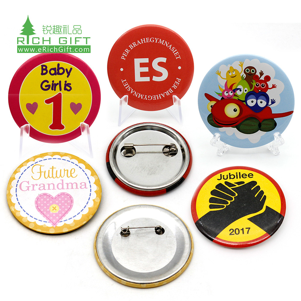 Wholesale OEM free logo design tinplate material reusable led electronic name blank pin button badges magnet with safty pin