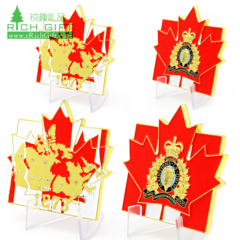 Wholesale gold enamel 3d souvenir coin canada flag maple shape cheap custom rcmp challenge coin