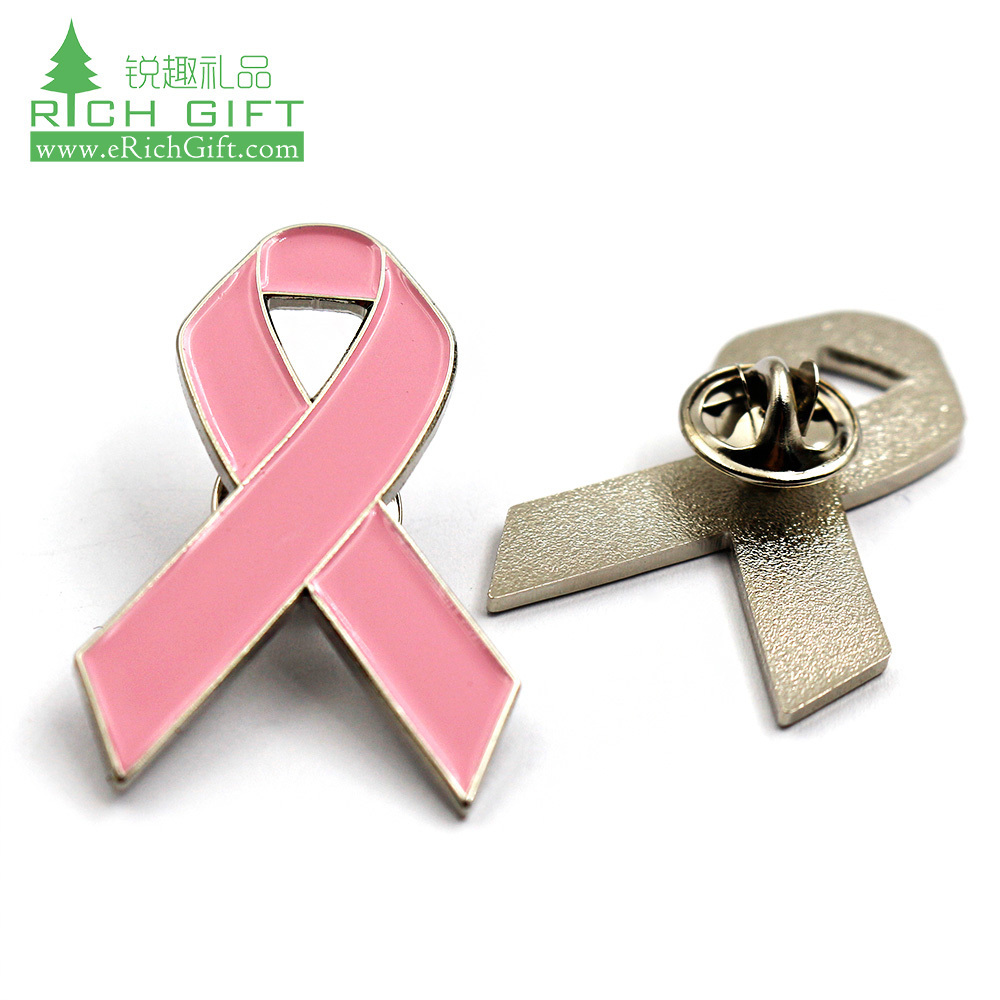 Online shopping unique gold finish die cut metal brooch silk purple pink red breast cancer awareness ribbon lapel pin badges