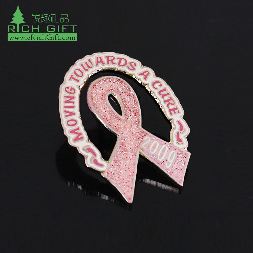 Online shopping unique gold finish die cut metal brooch silk purple pink red breast cancer awareness ribbon lapel pin badges