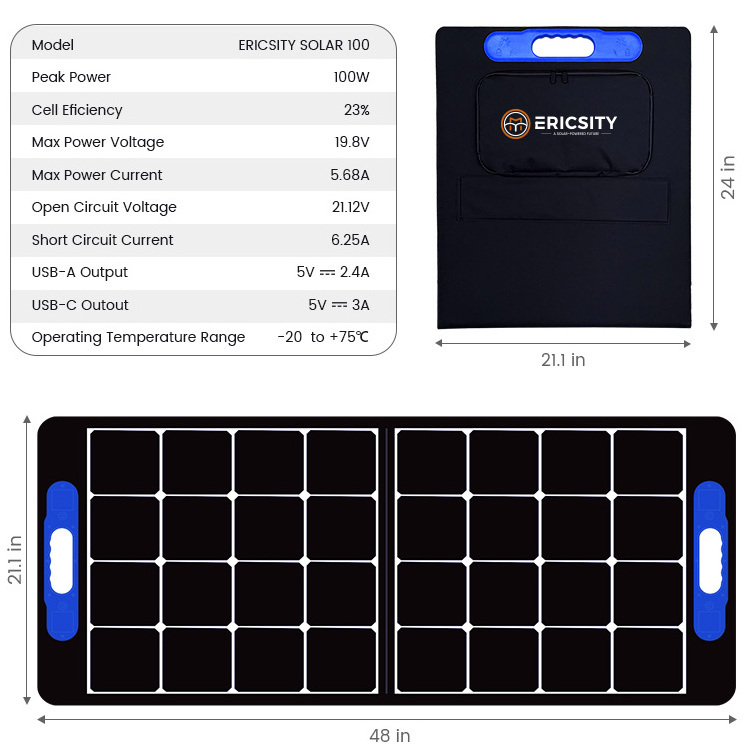 Ericsity foldable portable solar panel 100w light weight with 23% conversion efficient solar energy