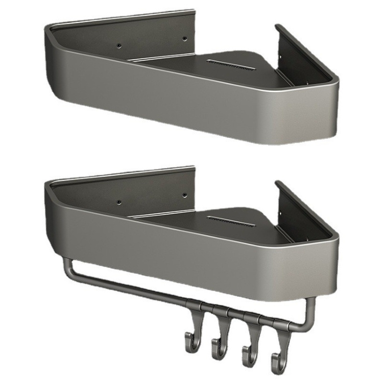 Ermo Grey Bathroom Storage Basket with Hooks and Towel Holder 3 Tiers Triangle Shower Shelf