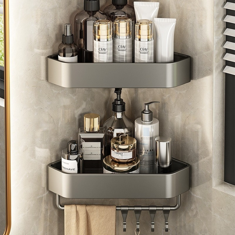 Ermo Grey Bathroom Storage Basket with Hooks and Towel Holder 3 Tiers Triangle Shower Shelf