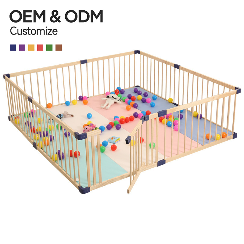 Wood foldable baby playpen with gate