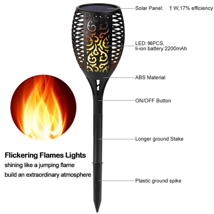 waterproof 3 modes 96 LED solar flame flickering lamp torch lights for outdoor garden