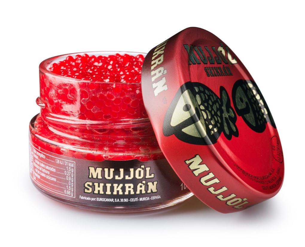 Well known made in Spain 100g smoked herring and mullet roes in red spheres for retail