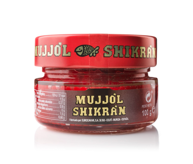 Well known made in Spain 100g smoked herring and mullet roes in red spheres for retail