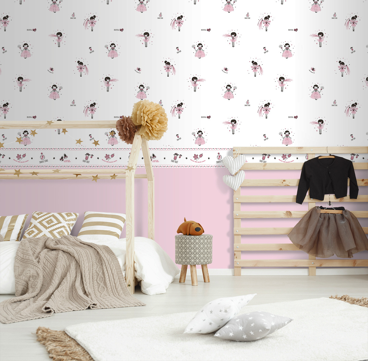 HIGH QUALITY MADE IN SPAIN INFANTILE WALLPAPER ROLL SAMBORI SPARKLY ROSE FAIRY WITH GLITTER STARS