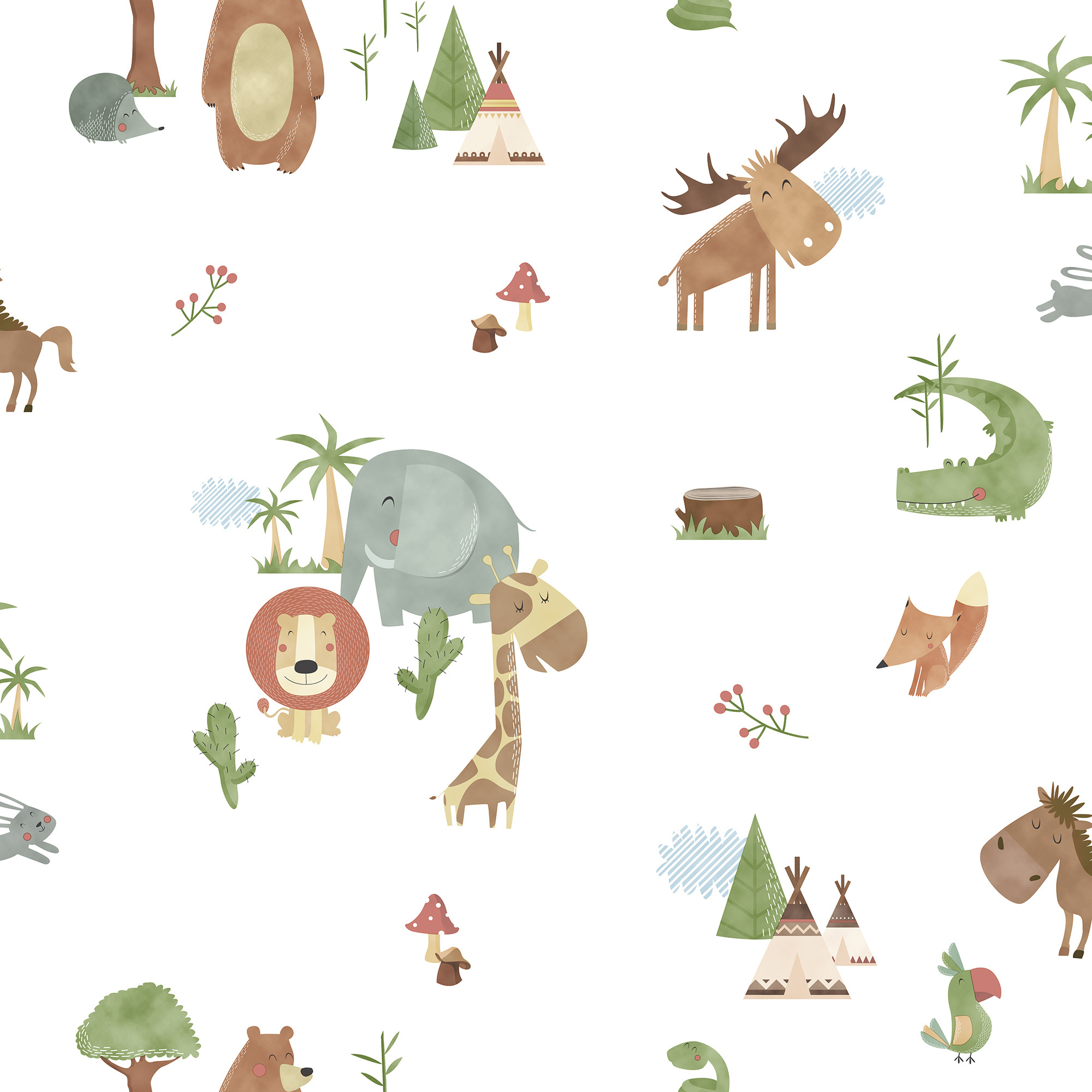 HIGH QUALITY MADE IN SPAIN INFANTILE WALLPAPER ROLL SAMBORI FAUNE MULTICOLORED ANIMALS AND TEEPEES