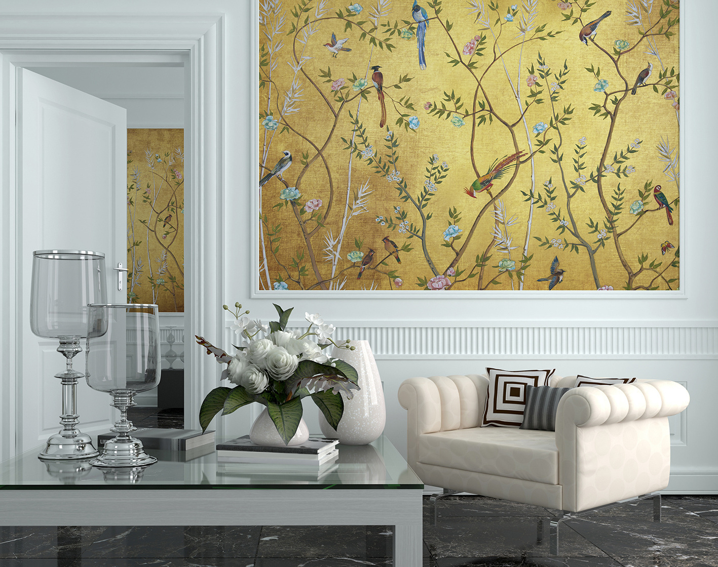 HIGH QUALITY MADE IN SPAIN WALLPAPER MURAL CHINOISERIE BIRDS GARDEN GOLD