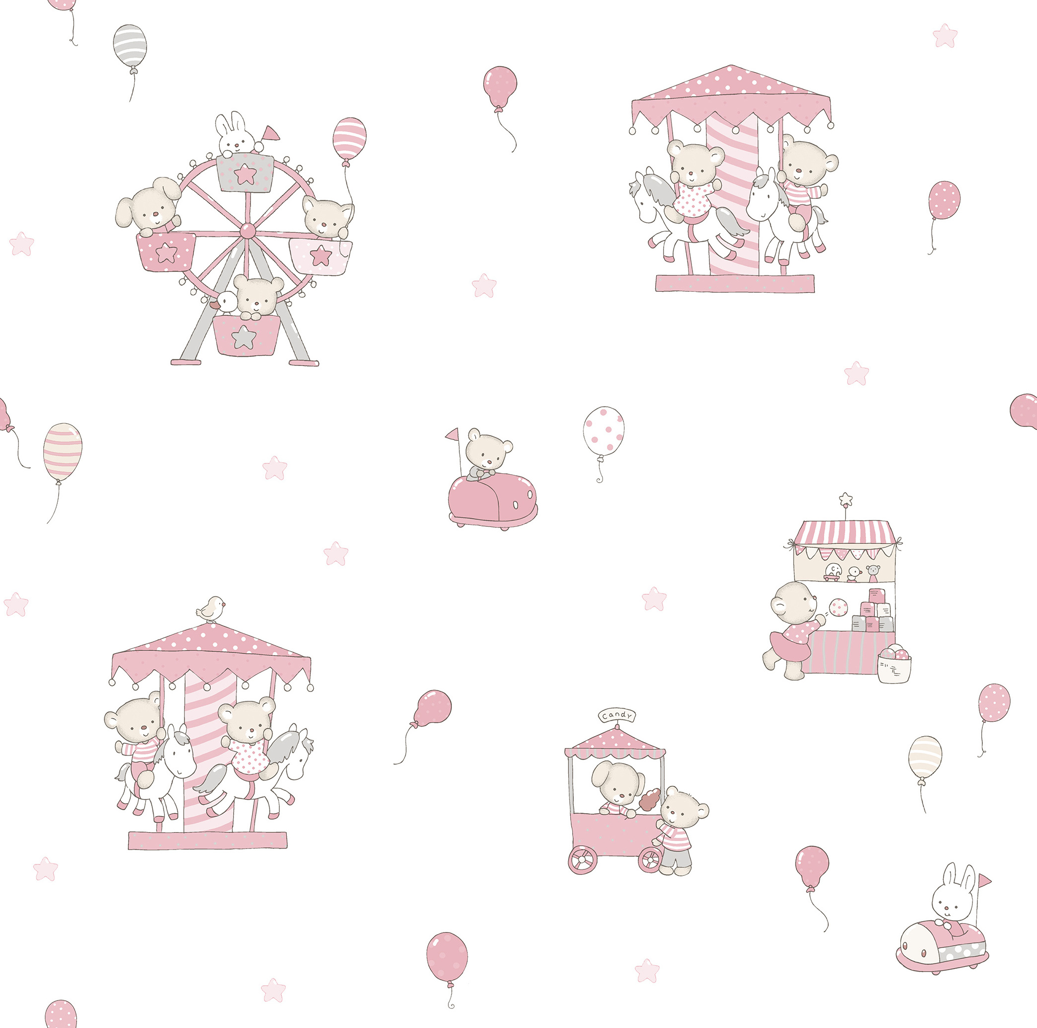 HIGH QUALITY MADE IN SPAIN INFANTILE WALLPAPER ROLL LULLABY LITTLE BEARS CAROUSEL PINK