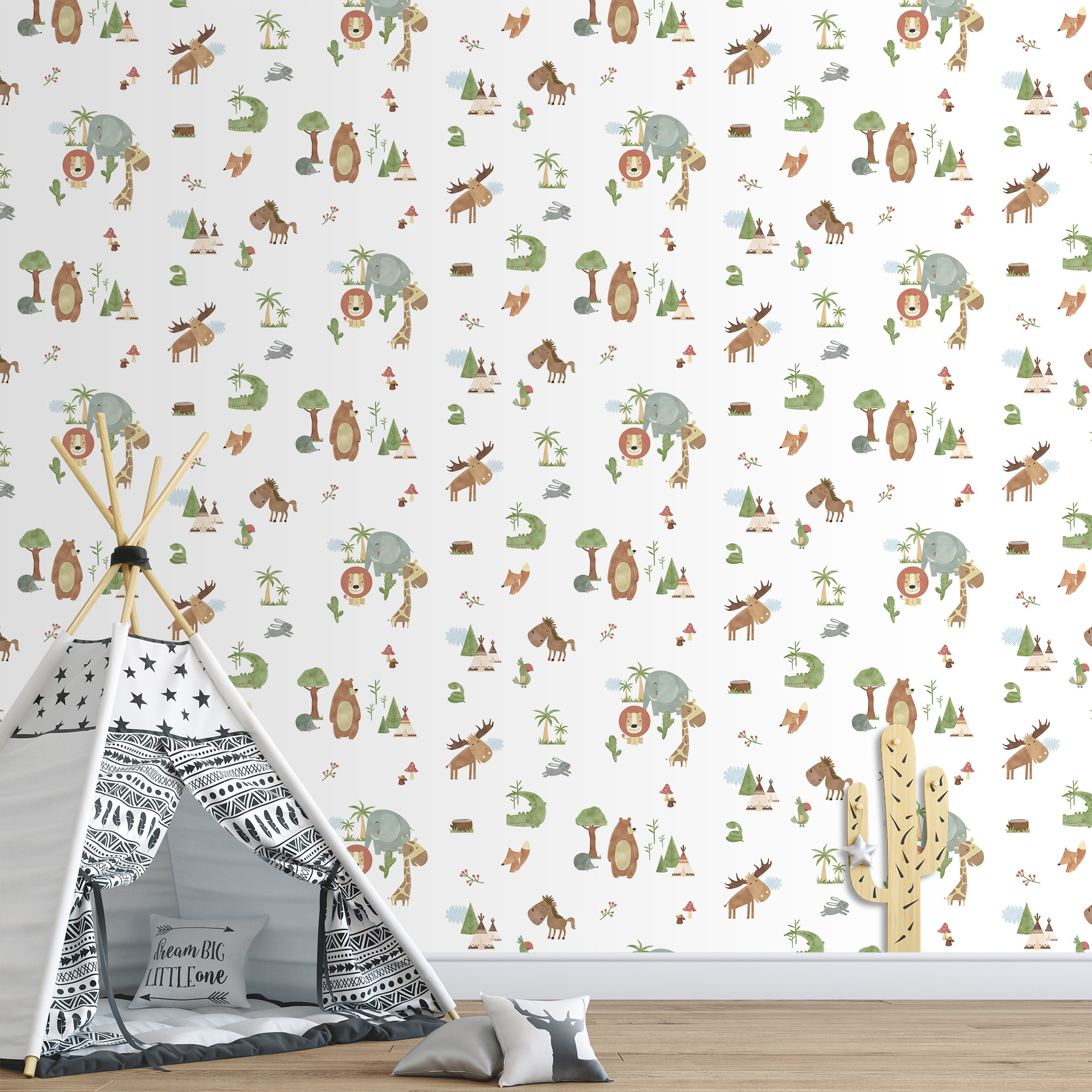 HIGH QUALITY MADE IN SPAIN INFANTILE WALLPAPER ROLL SAMBORI FAUNE MULTICOLORED ANIMALS AND TEEPEES