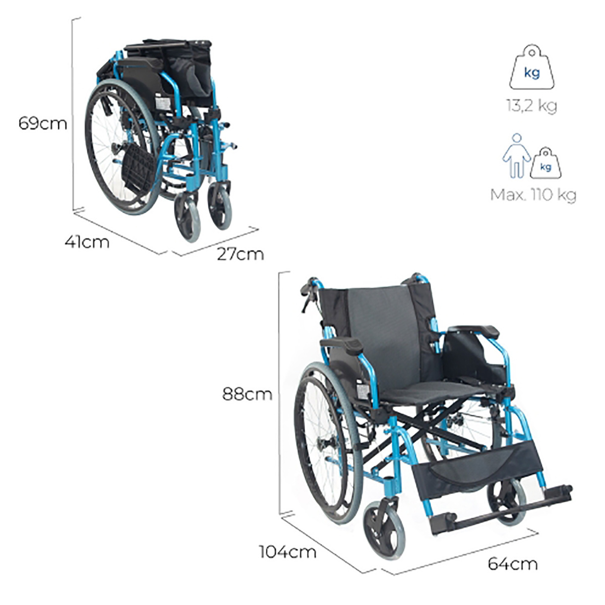 Premium Quality  Mobiclinic Brand Turquoise Aluminium Removable Armrest Wheelchairs For Sale