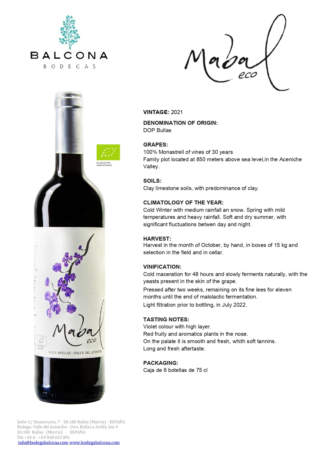 High Quality natural artisan and Premium Bio Spanish aged on lees RED WINE Mabal DOP Bullas Monastrell grape 75 cl Bottle