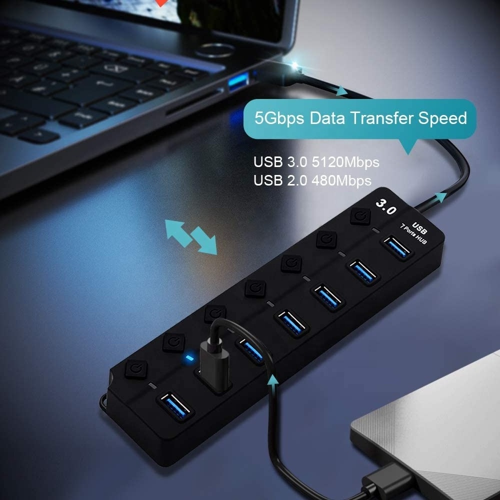 7 Port USB 3.0 Hub with Individual Power Switches for Desktop, Laptop, Notebook and more