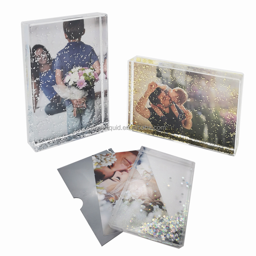 OEM custom4*6*8 inch water picture frame rectangle photo snow globe liquid glitter heart shape picture frame