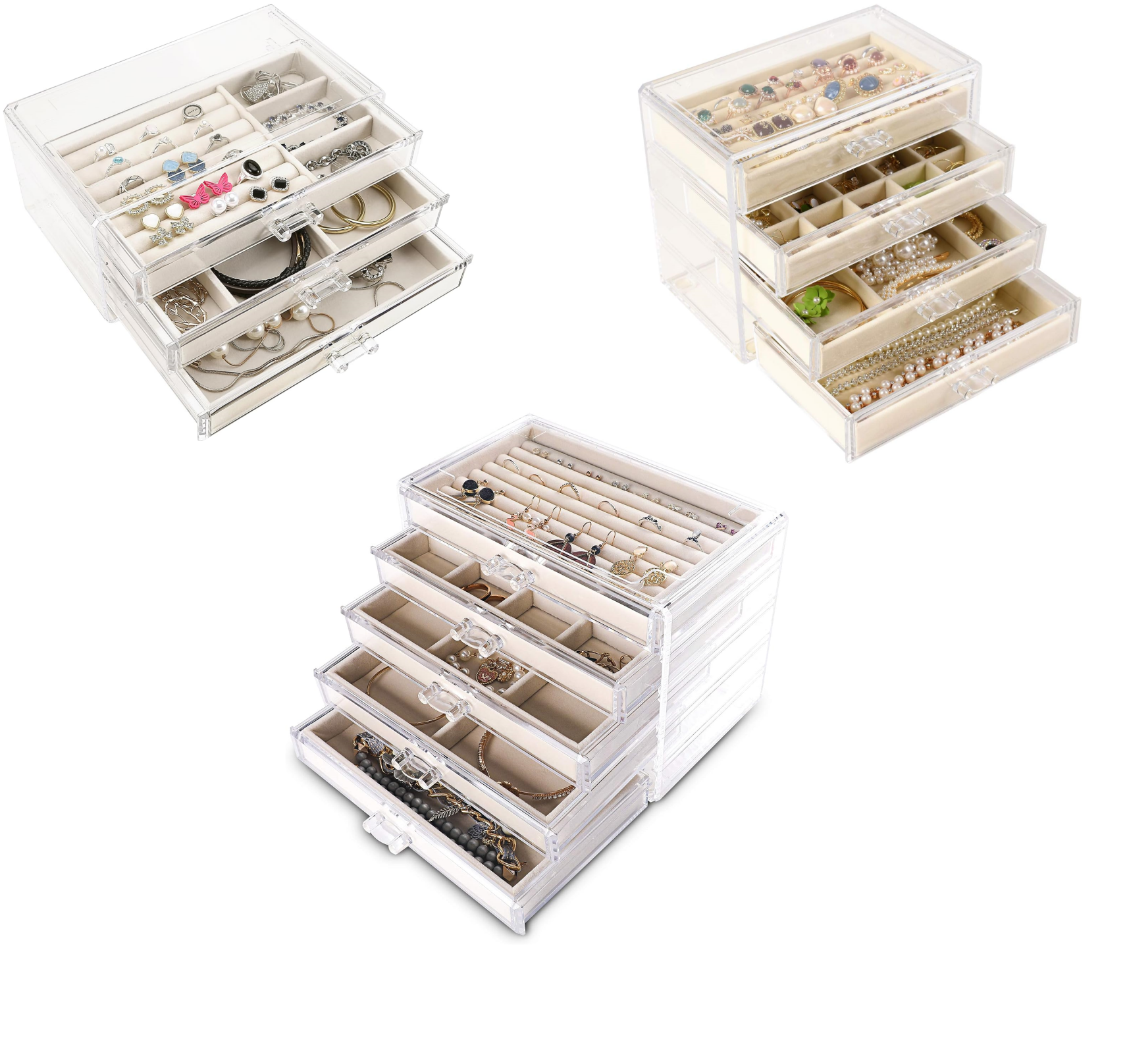 Multiple Drawers Clear Acrylic Velvet Jewelry Organizer Jewelry Storage Box Stackable Velvet Earring Display Holder