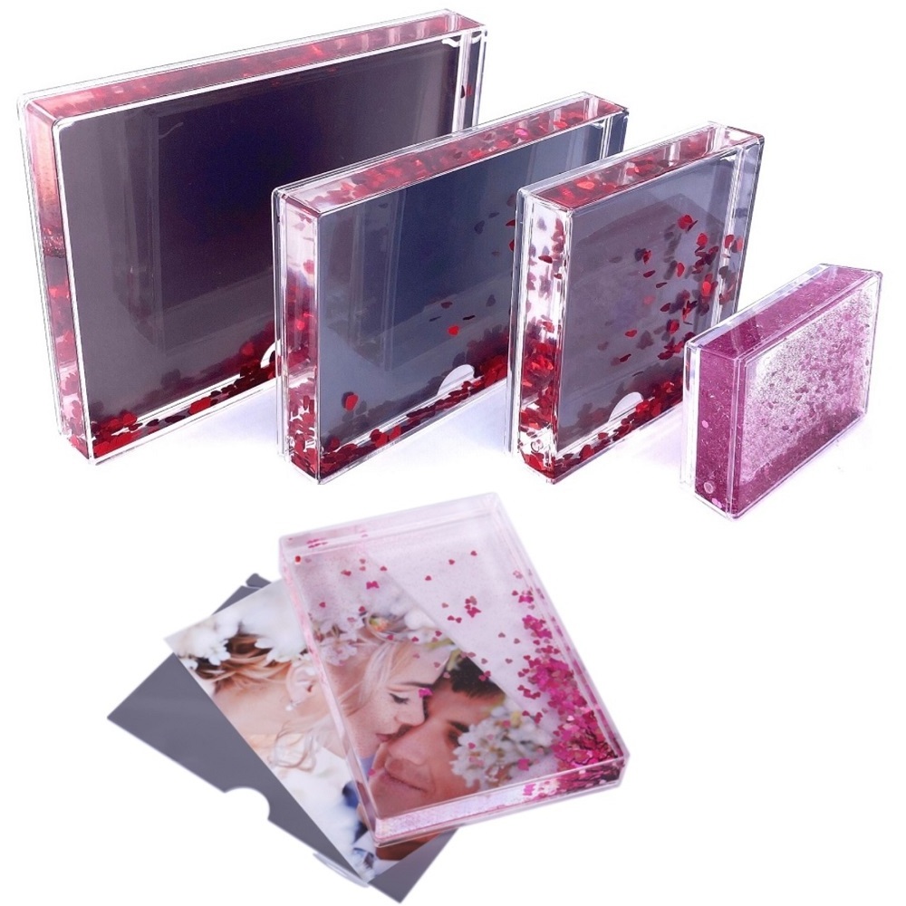 OEM custom4*6*8 inch water picture frame rectangle photo snow globe liquid glitter heart shape picture frame