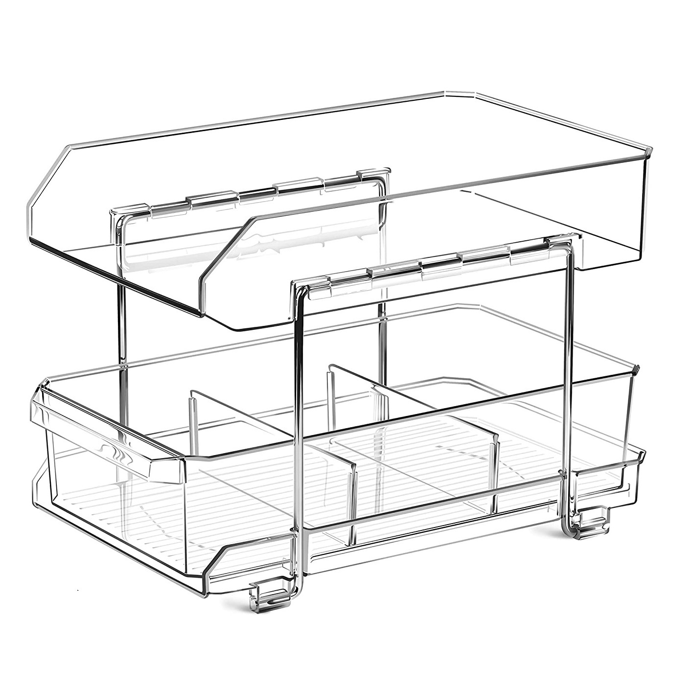 ODM Clear with Removable Dividers Slide-Out 2-Tier Under Sink Organizer Plastic Storage Bins for Fridge Pantry Bathroom Kitchen