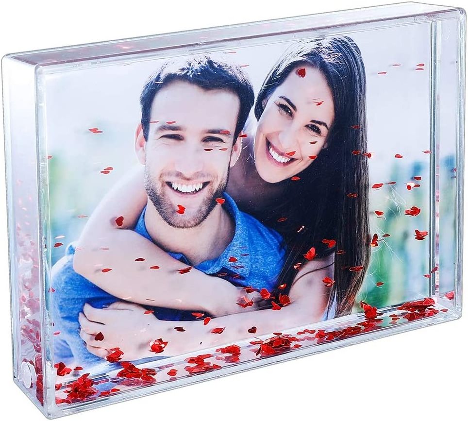 OEM custom4*6*8 inch water picture frame rectangle photo snow globe liquid glitter heart shape picture frame