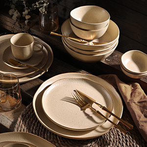 Wholesale Tableware Plato Beige Porcelain Restaurant Dinner Plate Bowl Rustic Crockery Dishes Nordic Ceramic Dinnerware Set