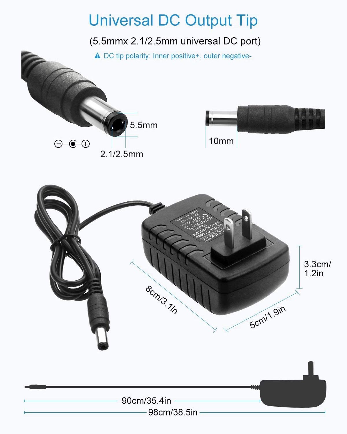 eSann 12W US Plug International 12V 1A Led Strip AC DC Power Adapter 2.1mm X 5.5mm for DC 12V CCTV Camera LED Strip Light