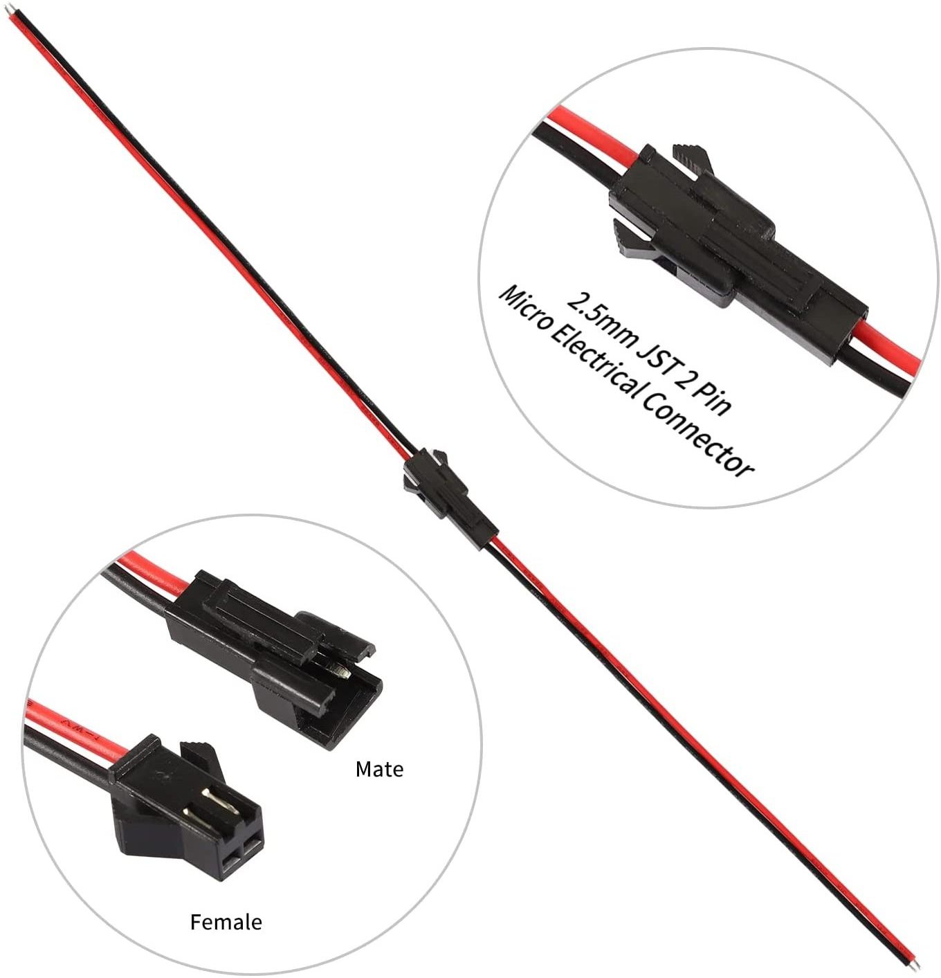 Male and Female JST SM Cable Connectors 2 Pin with 135 mm Electrical Cable Wire for LED Light