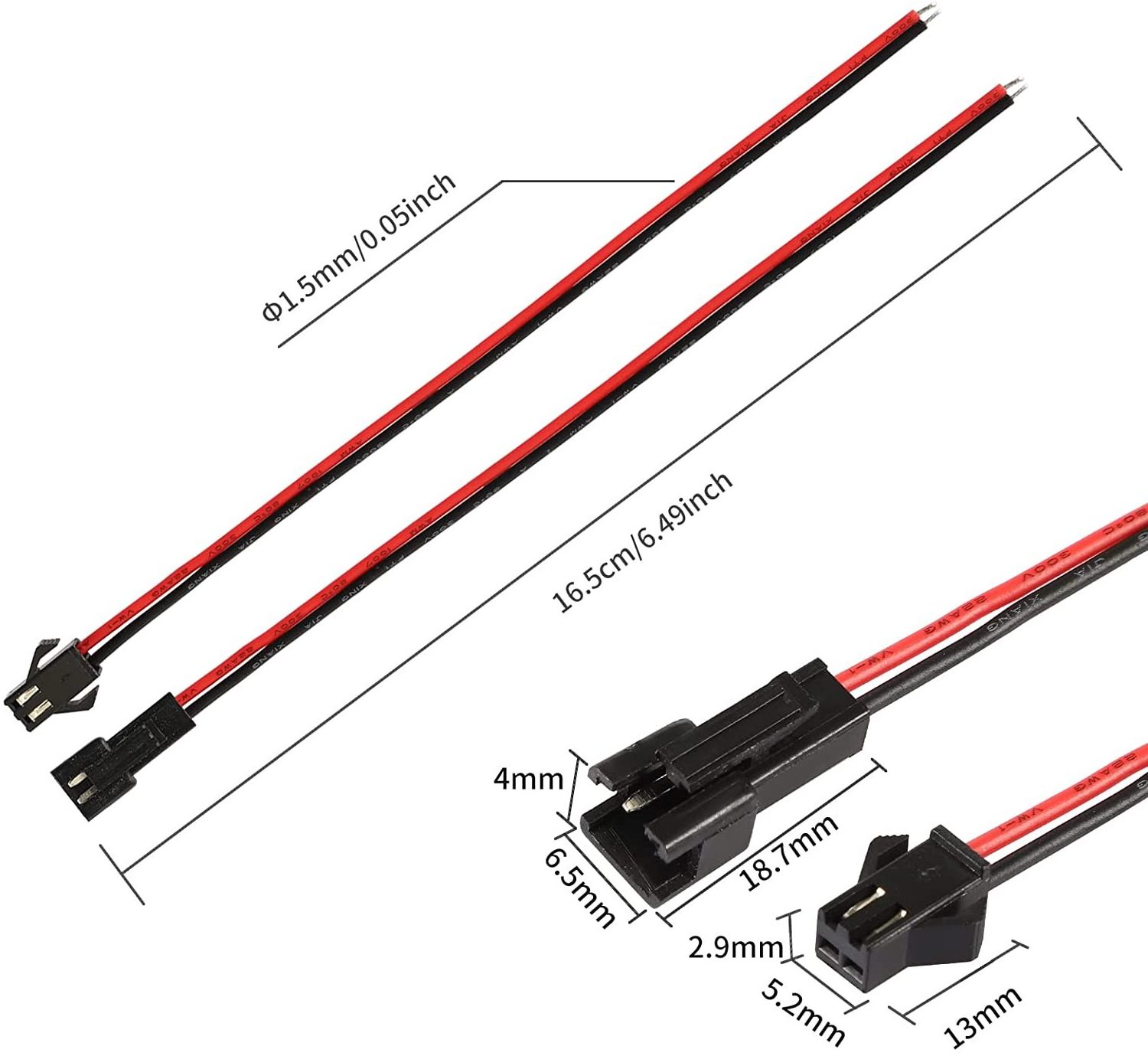 Male and Female JST SM Cable Connectors 2 Pin with 135 mm Electrical Cable Wire for LED Light