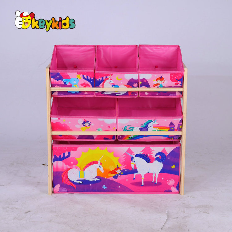 Eco-friendly kids cartoon wooden toy storage shelf with bins W08C352