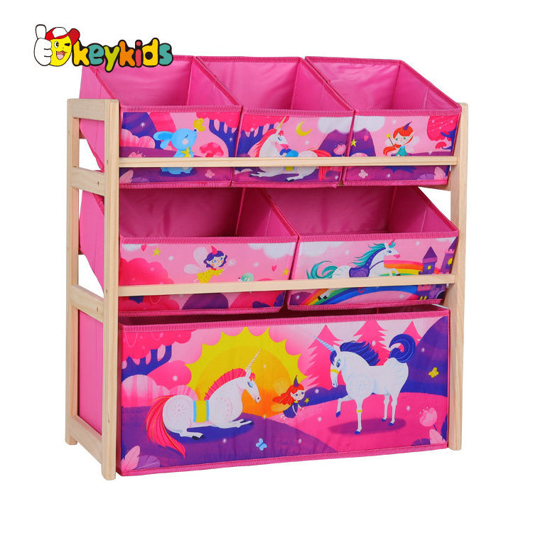 Eco-friendly kids cartoon wooden toy storage shelf with bins W08C352