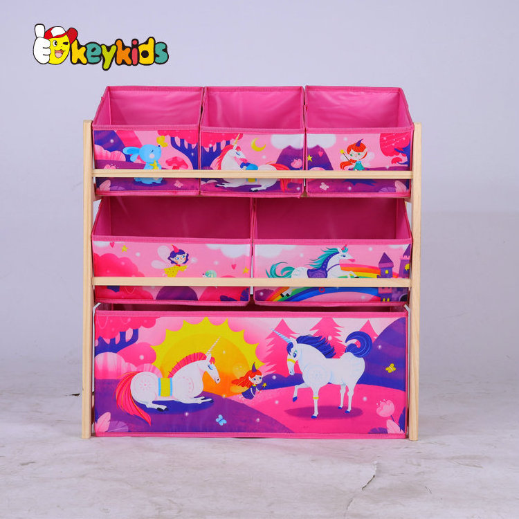 Eco-friendly kids cartoon wooden toy storage shelf with bins W08C352